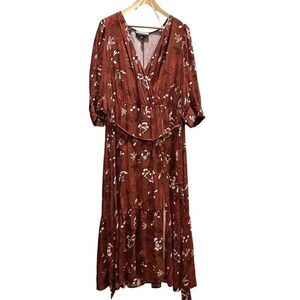 ELOQUII Elements Floral Print Midi Wrap Dress‎ with Puff Sleeves, 16